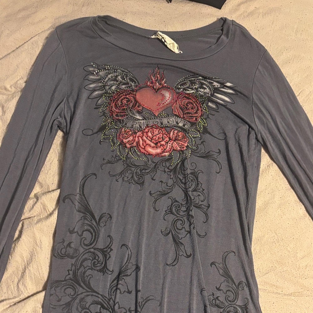 Embellished Heart and Rose Long Sleeve Top